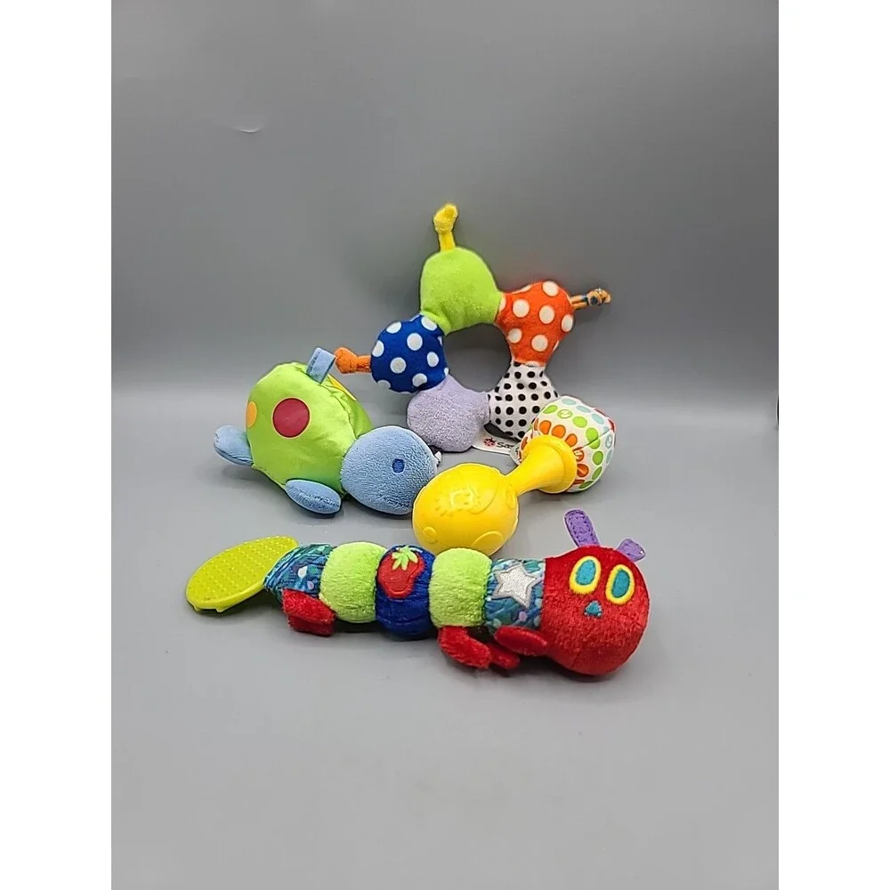 Baby Toys Bundle 4 Soft Plush Rattles Teethers Sensory Variety